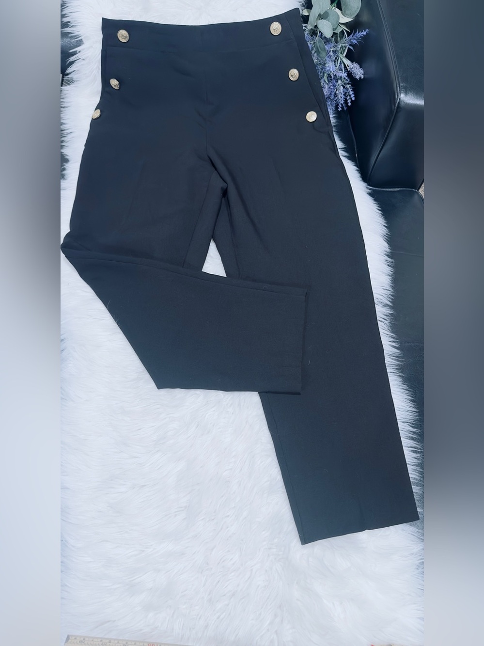 Zara Black Wide Leg Nautical Sailor Dress Pants with Gold Button Detail Large